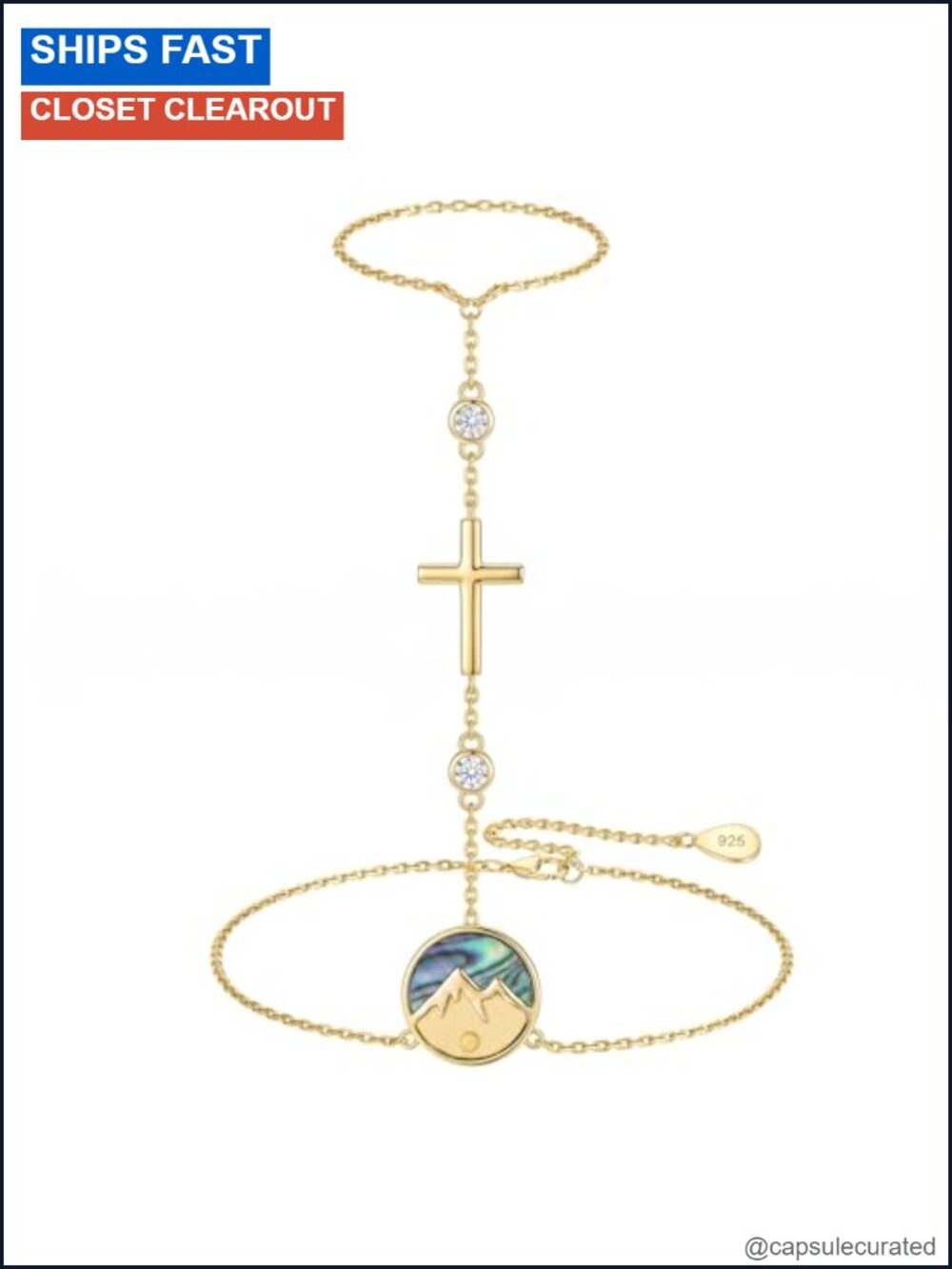 Sterling Silver 14K Gold Plated Hand Chain Bracelet with Cubic Zirconia